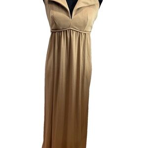 Leslie J tan/Brown 1970s maxi halter dress-spread collar-size‎ small poly/rayon